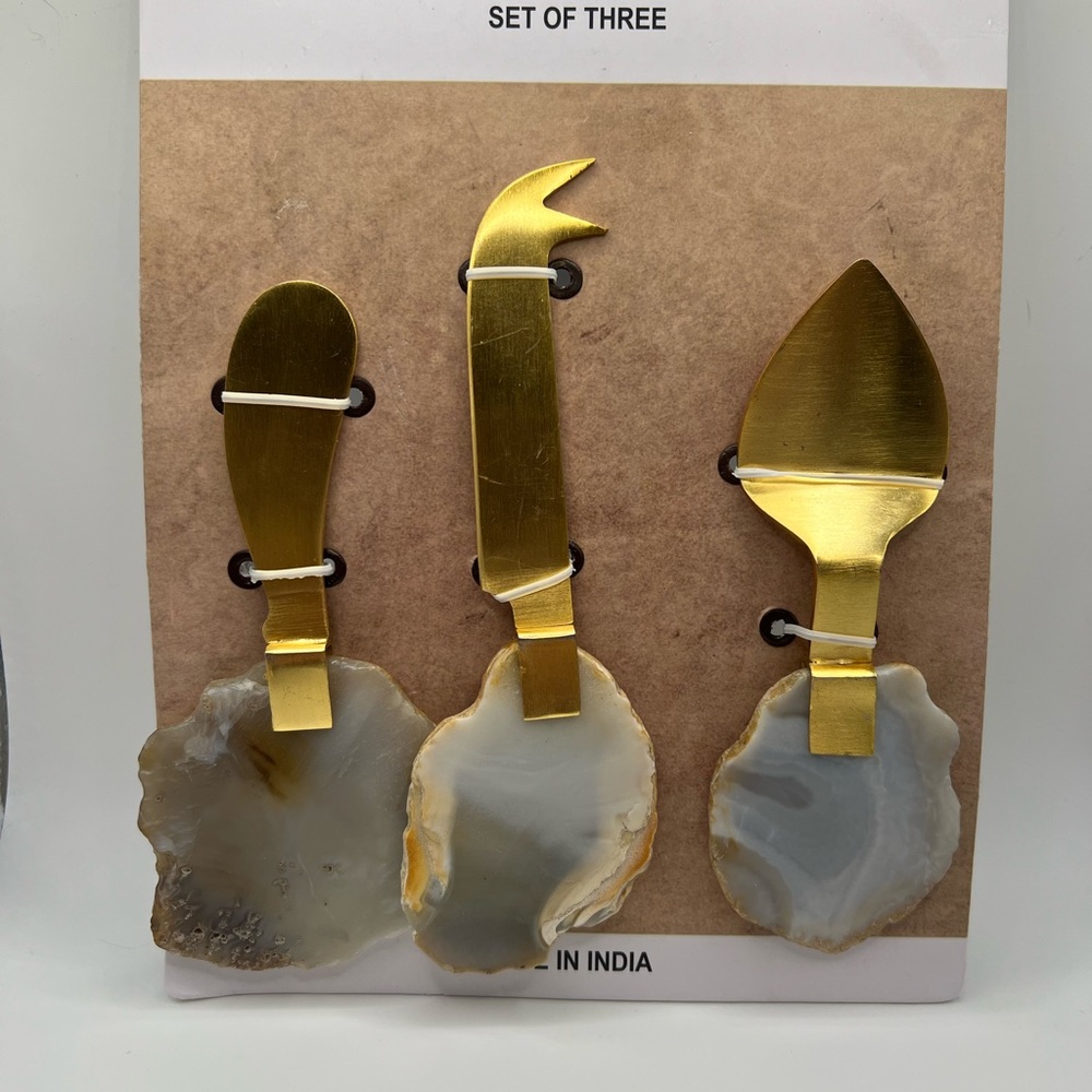 NIB Agate Cheese Knifes Set Of 3 Made In India Blue Grey Orange